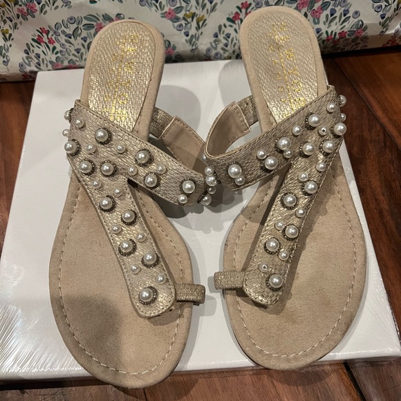 New York Transit Shoes - New York Transit Gold Pearl Wedge Sandals